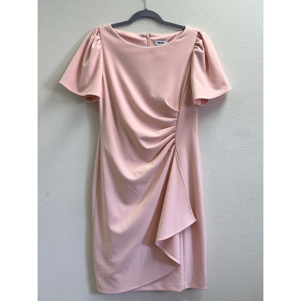 DKNY Soft Blush Pink Flutter Sleeve Side Ruched Ruffle Sheath Dress Size 10